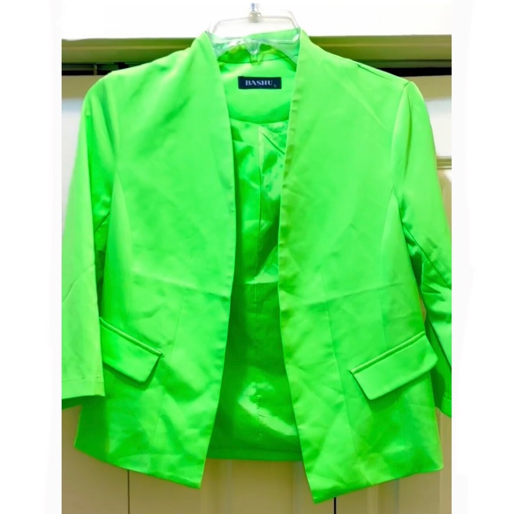 RARE! BOLD Vibrant Neon Green 3/4 Sleeve Cropped Open Blazer Jacket sz S! DYT #4